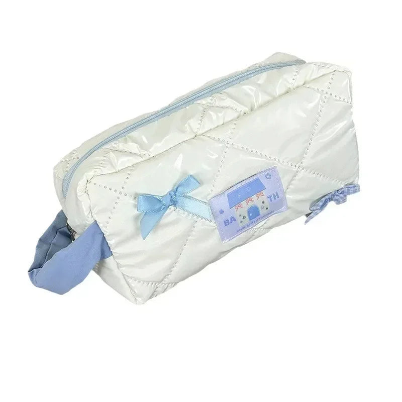 Blue White Bow Pencil Bag Large Capacity Stationery Bag Travel Storage Bag Women'S Cosmetic Bags Cute Design Girls Pencil Case Peaceful Pleasures Health and Wellness