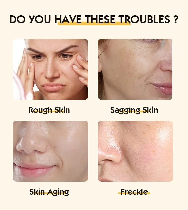 Skincare advertisement highlighting rough skin, sagging skin, skin aging, and freckles.