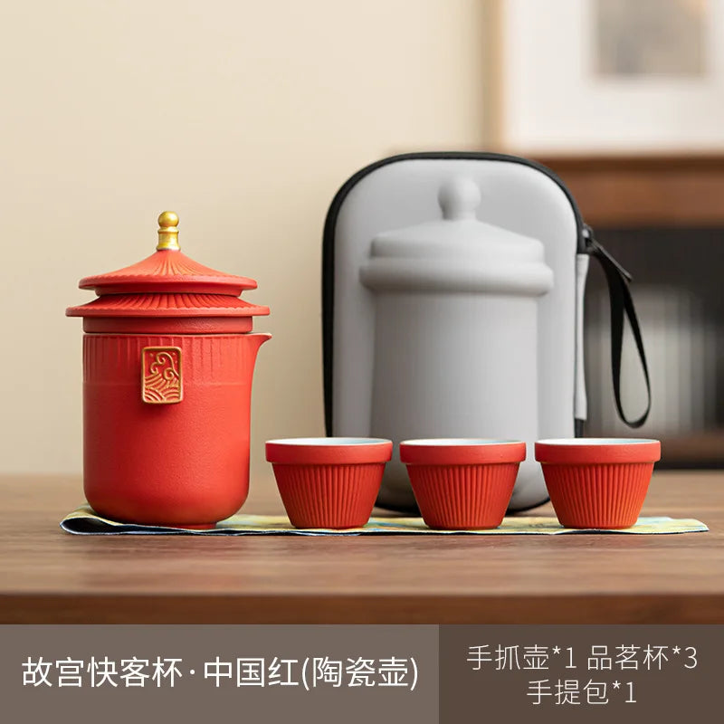 Palace Museum Ceramic Travel Tea Set | Chinese Style Ceramic Tea Set Peaceful Pleasures Health and Wellness Red Five-piece Set