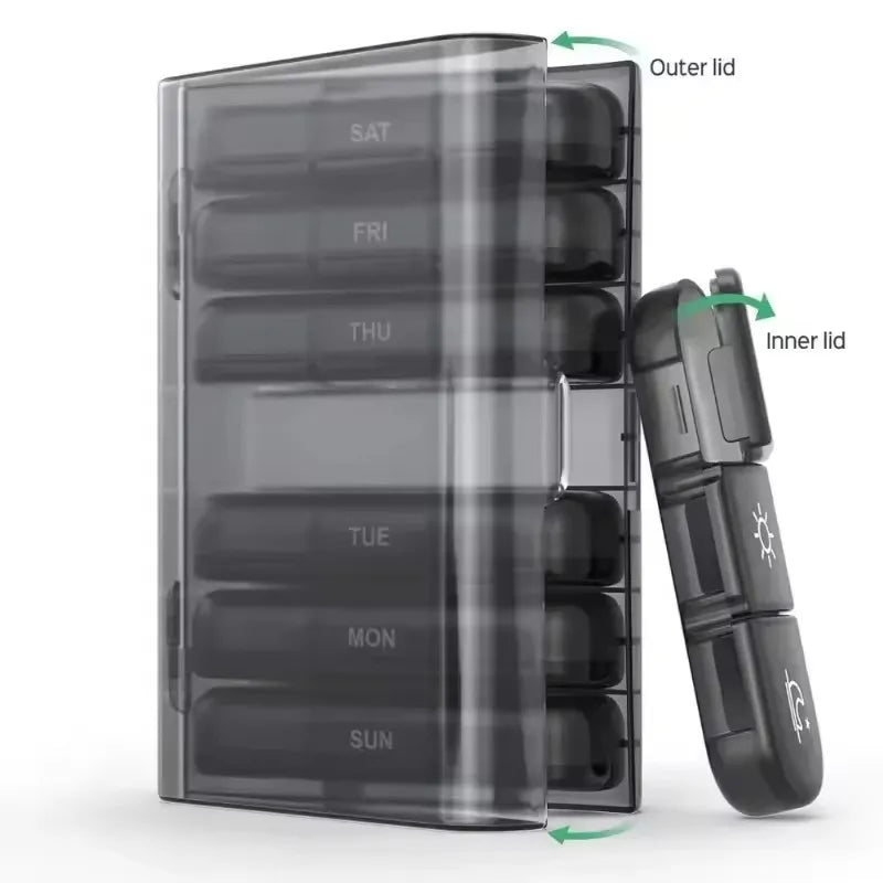 Weekly 7 Days Pill Organizer Portable Medicine Tablet Organizer Storage Boxes First Aid Kit Compartment Pills Case Container Peaceful Pleasures Health and Wellness
