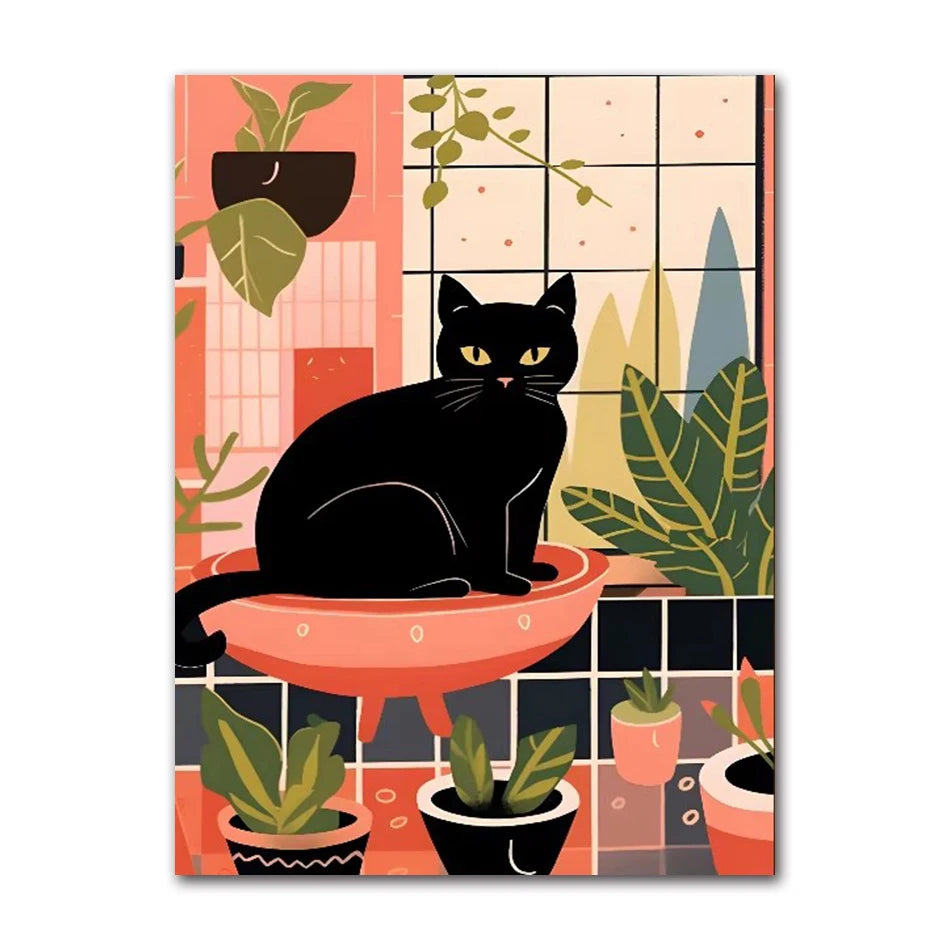 Funny Black Cat Toilet Canvas Wall Art | Bathroom Decor