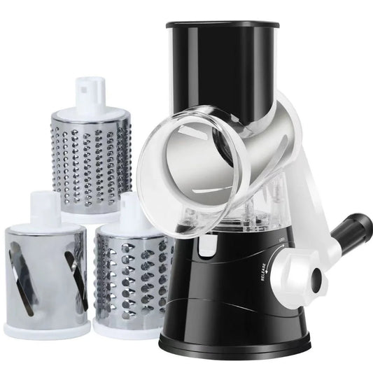 Vegetable Cutter & Slicer Manual Kitchen Cheese Chopper Machine With 3 Sharp Drums Multifunctional Garlic Potato Shredder Peaceful Pleasures Health and Wellness black