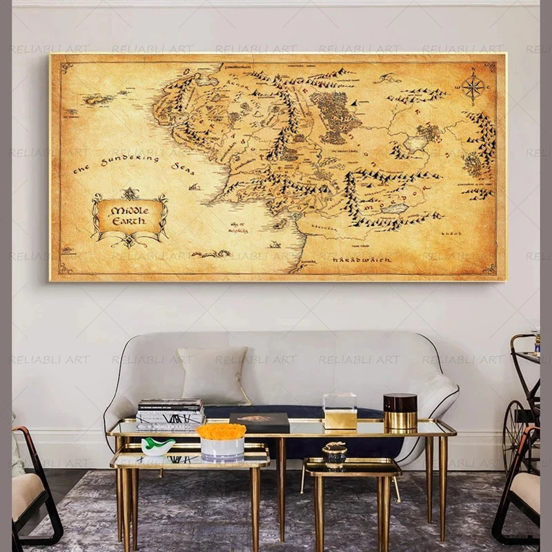 Map Canvas Painting Vintage Middle-earth Map Poster Movie Wall Art Pictures for Home Living Room Decor Unframed Pictures Peaceful Pleasures Health and Wellness
