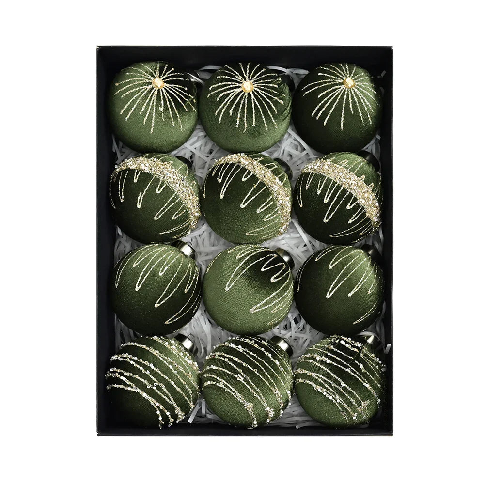12-Piece Flocked Velvet Christmas Ball Ornaments | 8cm Set