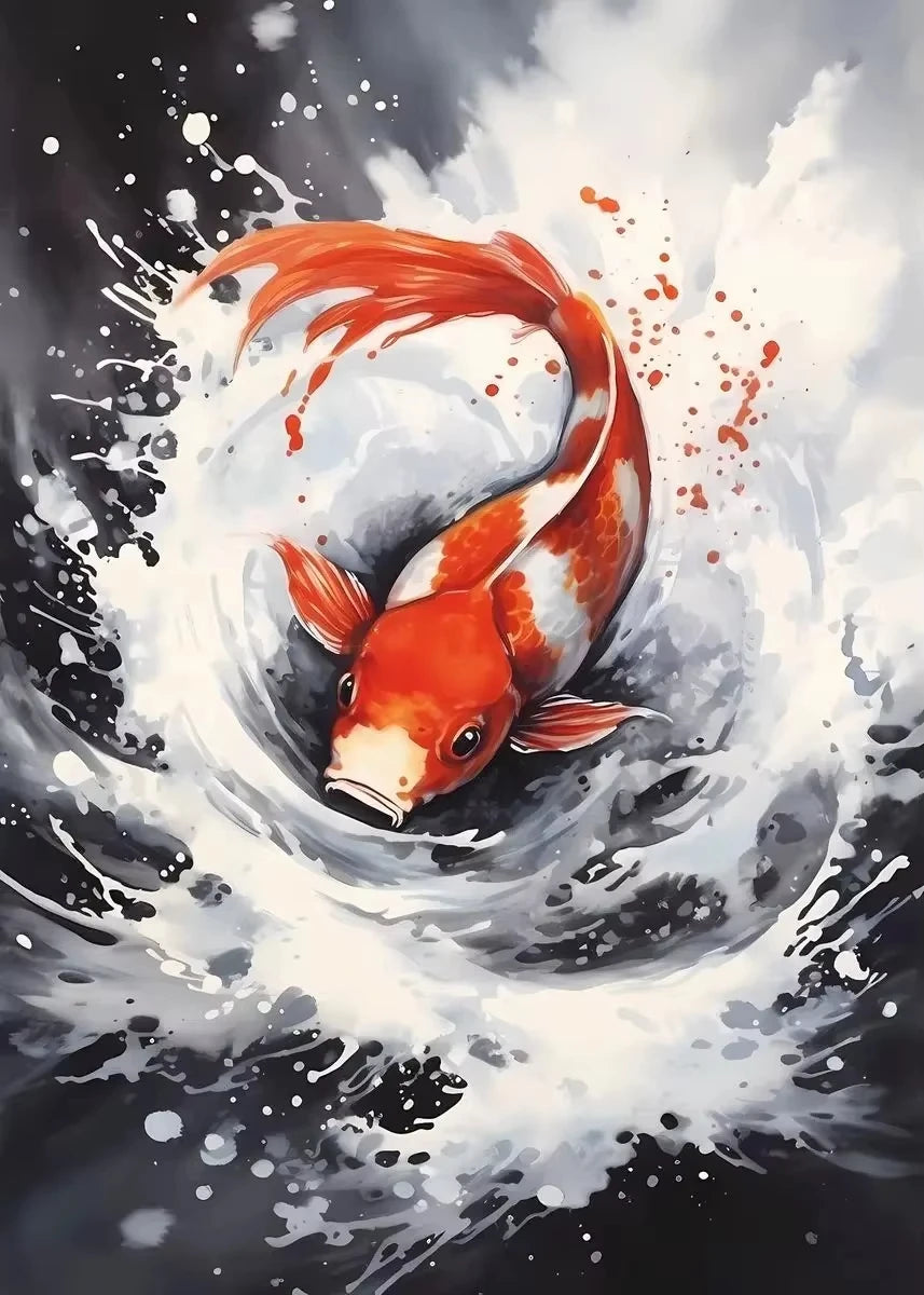 Red Koi Fish Lotus Canvas Wall Art | Good Luck Home Decor
