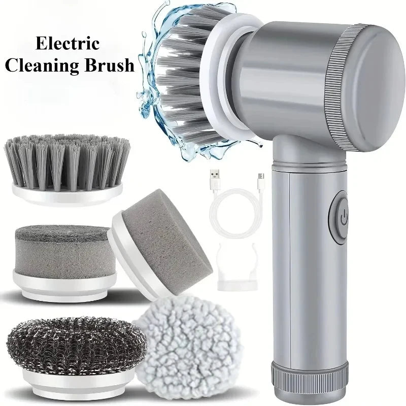 Electric Spin Brush Cleaner Wireless Rechargeable 5 Replaceable Heads Rotating Deep Cleaning Bathroom Kitchen Tiles Peaceful Pleasures Health and Wellness Grey