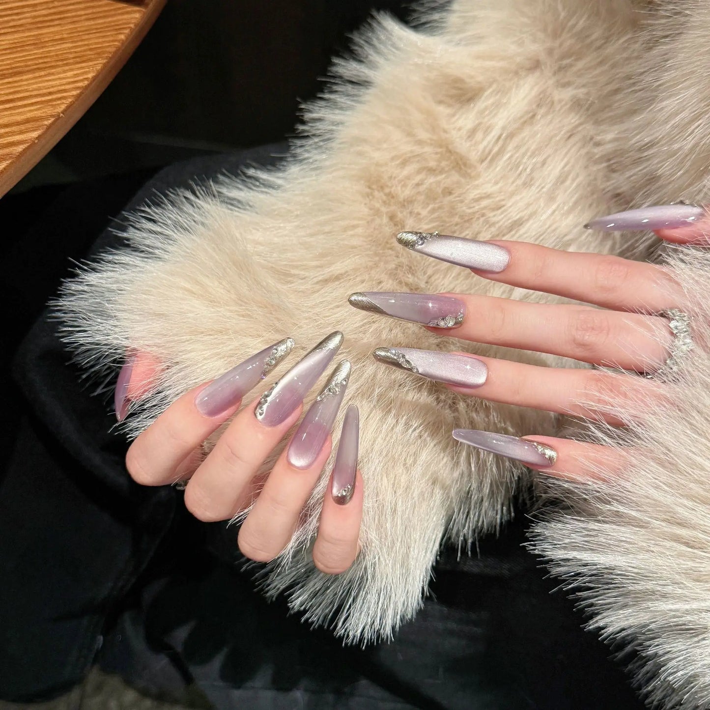 Handmade Press on Nails Purple Crystal Cat's Eye Fake Nail Patches for Women Girl Wearable Korean Sweet Long Oval False Nails Peaceful Pleasures Health and Wellness