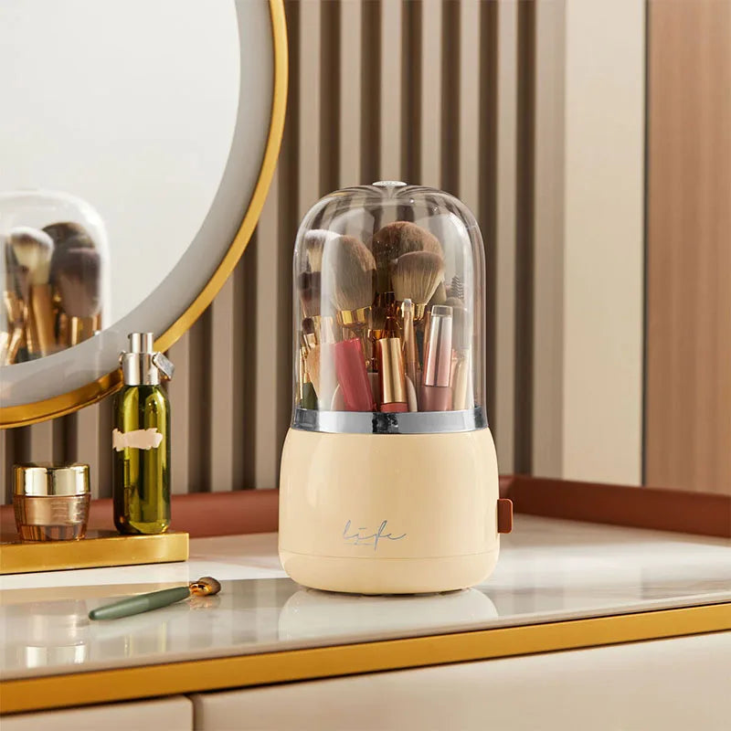 Makeup brush holder storage box with lid 360 degree rotating dustproof makeup brush storage box suitable for dressing table ligh Peaceful Pleasures Health and Wellness Creamy yellow