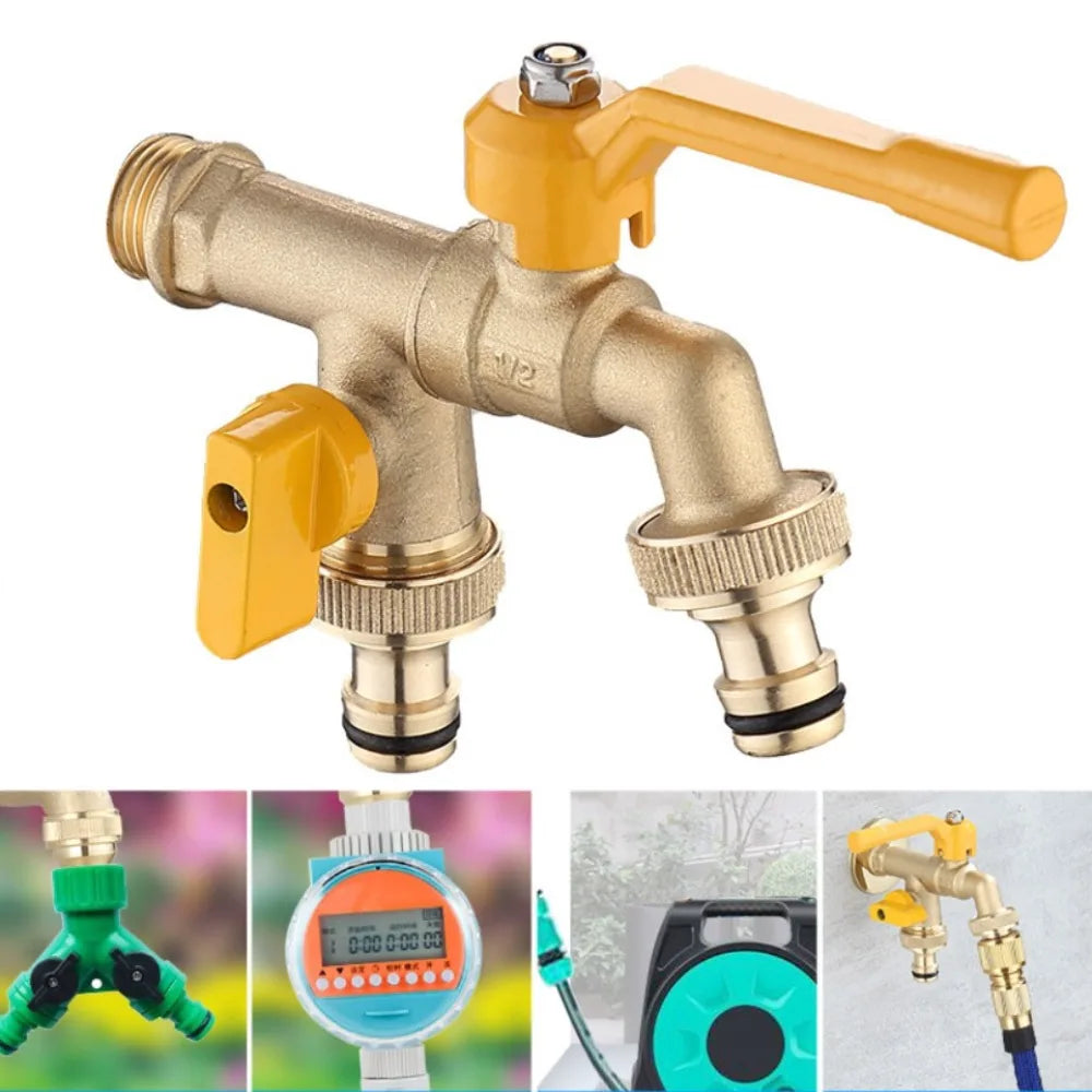 2-Way Garden Hose Faucet Adapter | Wall-Mount Brass Tap Splitter