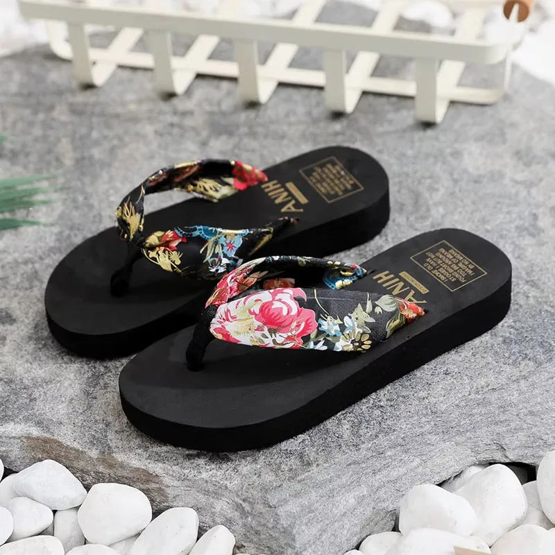 Women's Floral Bohemian Flip Flops | Satin Strap Beach Slippers