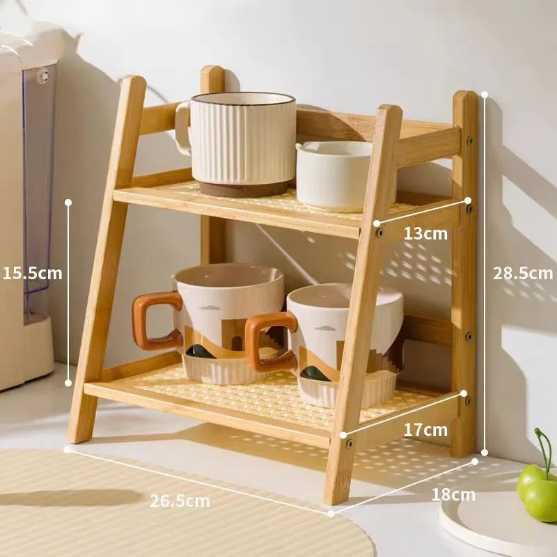 2 Layer Spice Caddy Shelf Bamboo Kitchen Storage Rack Desktop Cabinet Organizer Display Rack Coffee Bar Counter Shelf Cup Holder Peaceful Pleasures Health and Wellness S original