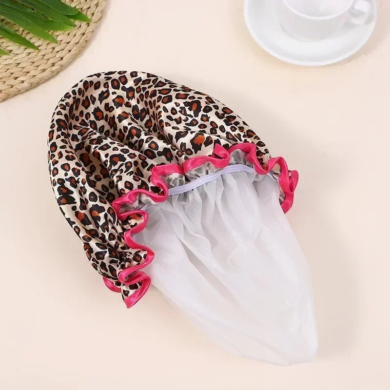 Waterproof Double Layer Shower Cap – Leopard & Polka Dot