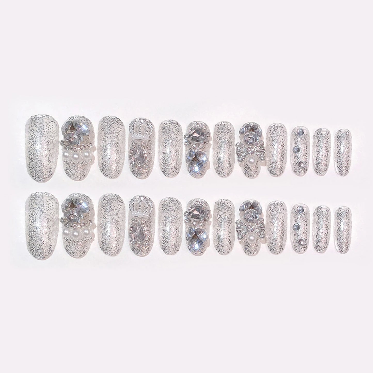 24pc Rhinestone Pearl Press-On Nails | 3D Crown Bridal Set