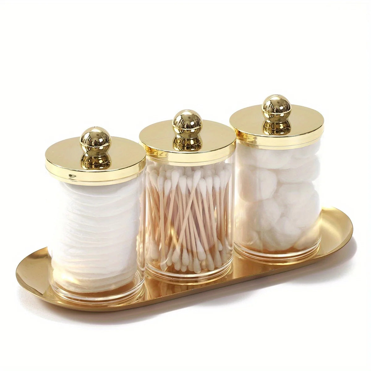 3 Pack Q-tip Holder Bathroom Organizer Set with Storage Tray – Acrylic Cotton Swab, Cotton Round & Cotton Ball Dispenser