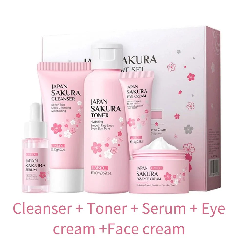 Sakura skin care sets with cleanser, serum, eye cream, facial cream, beauty products for women, travel skin care kit Peaceful Pleasures Health and Wellness 5PCS
