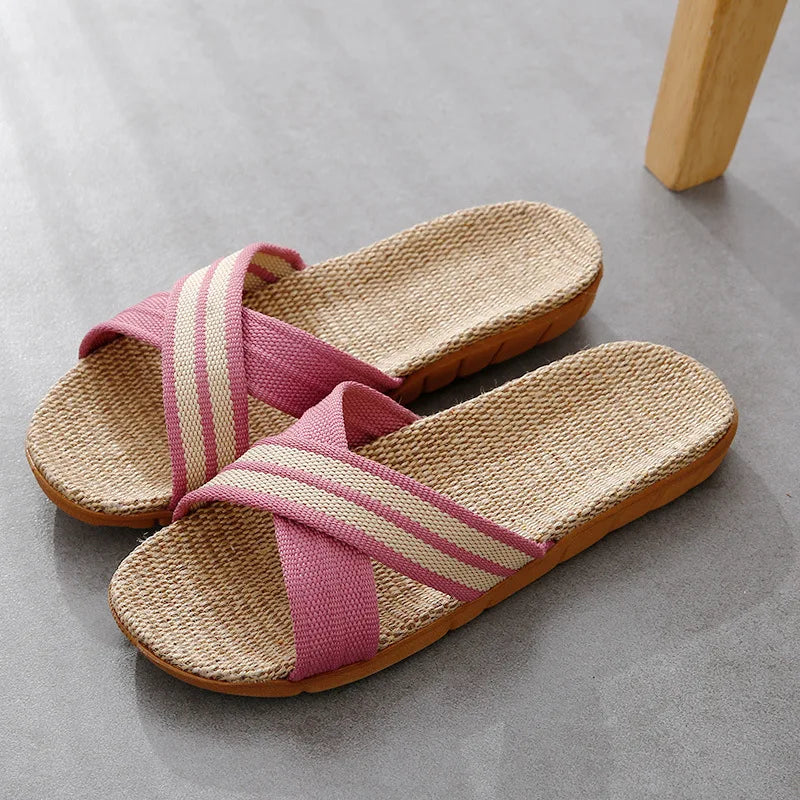 Women's Linen Flat Slippers – Lightweight Open Toe Indoor Slides