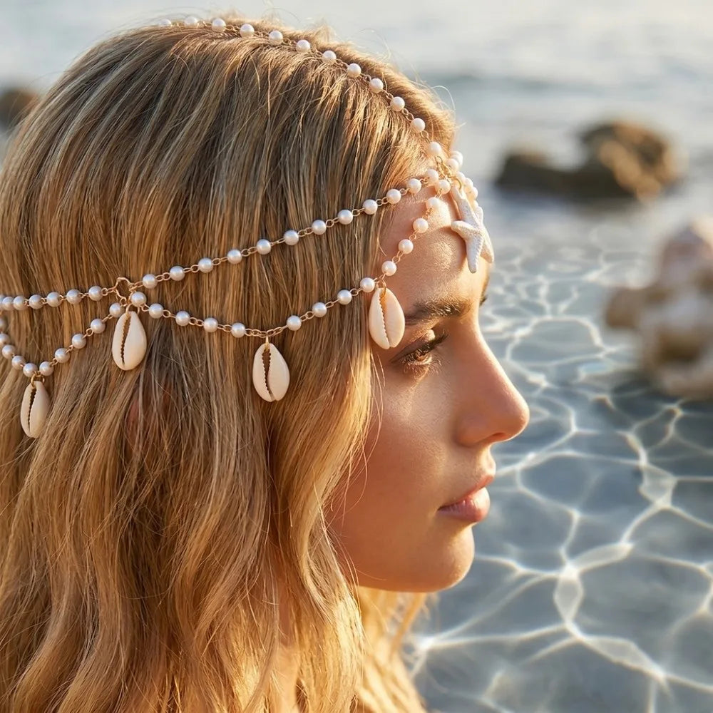 Boho Starfish Pearl Head Chain | Beach Festival Hair Jewelry Boho Head Chain Peaceful Pleasures Health and Wellness