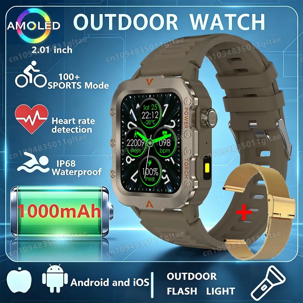 2026 New Military Outdoor Smart Watch Men's GPS Flashlight Bluetooth Call 2.01" AMOLED Screen 3ATM Waterproof Sports Smartwatch Peaceful Pleasures Health and Wellness Br22GoMilan Smartwatch