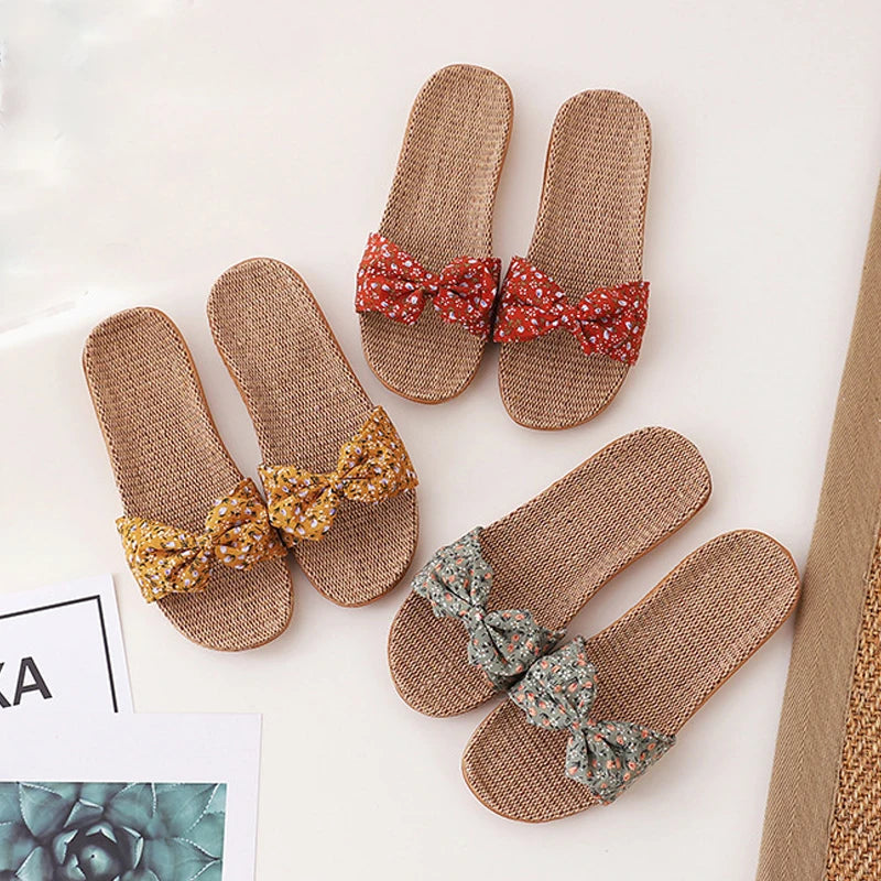 Women's Linen Bow Slippers – Anti-Slip Lightweight Indoor Flats
