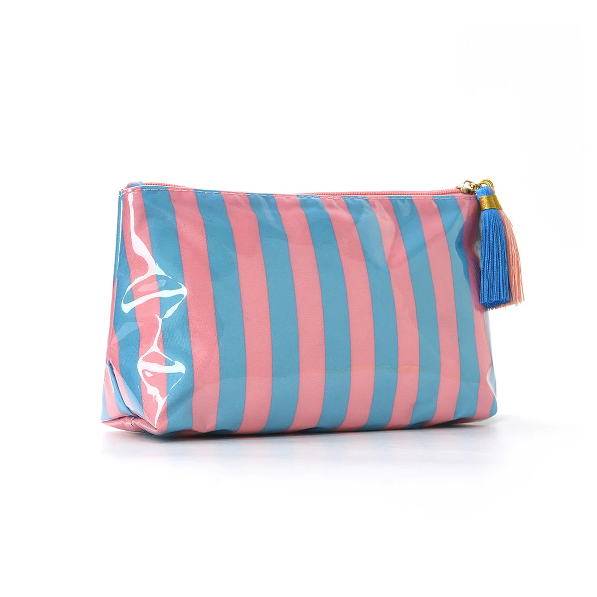 2026 New PVC Striped Cosmetic Bag Makeup Bag with Fringe and Zipper Waterproof Travel Toiletry Bag Makeup Brush Case Peaceful Pleasures Health and Wellness Fine blue powder