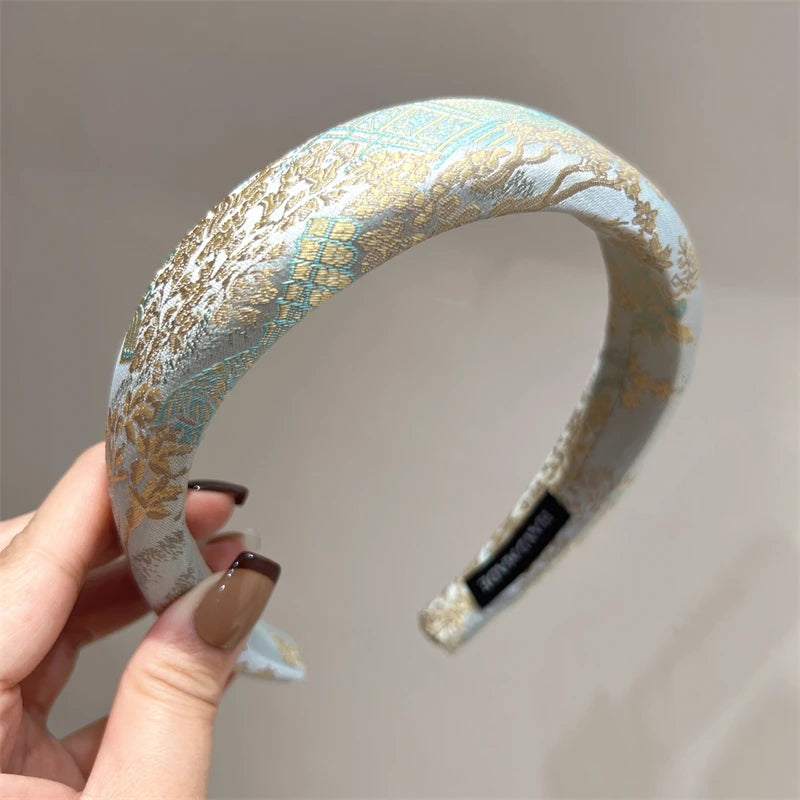 New Chinese Style Printed High Skull Headband with Elegant Temperament Retro Headband for Women Peaceful Pleasures Health and Wellness Light blue green Width about 3cm