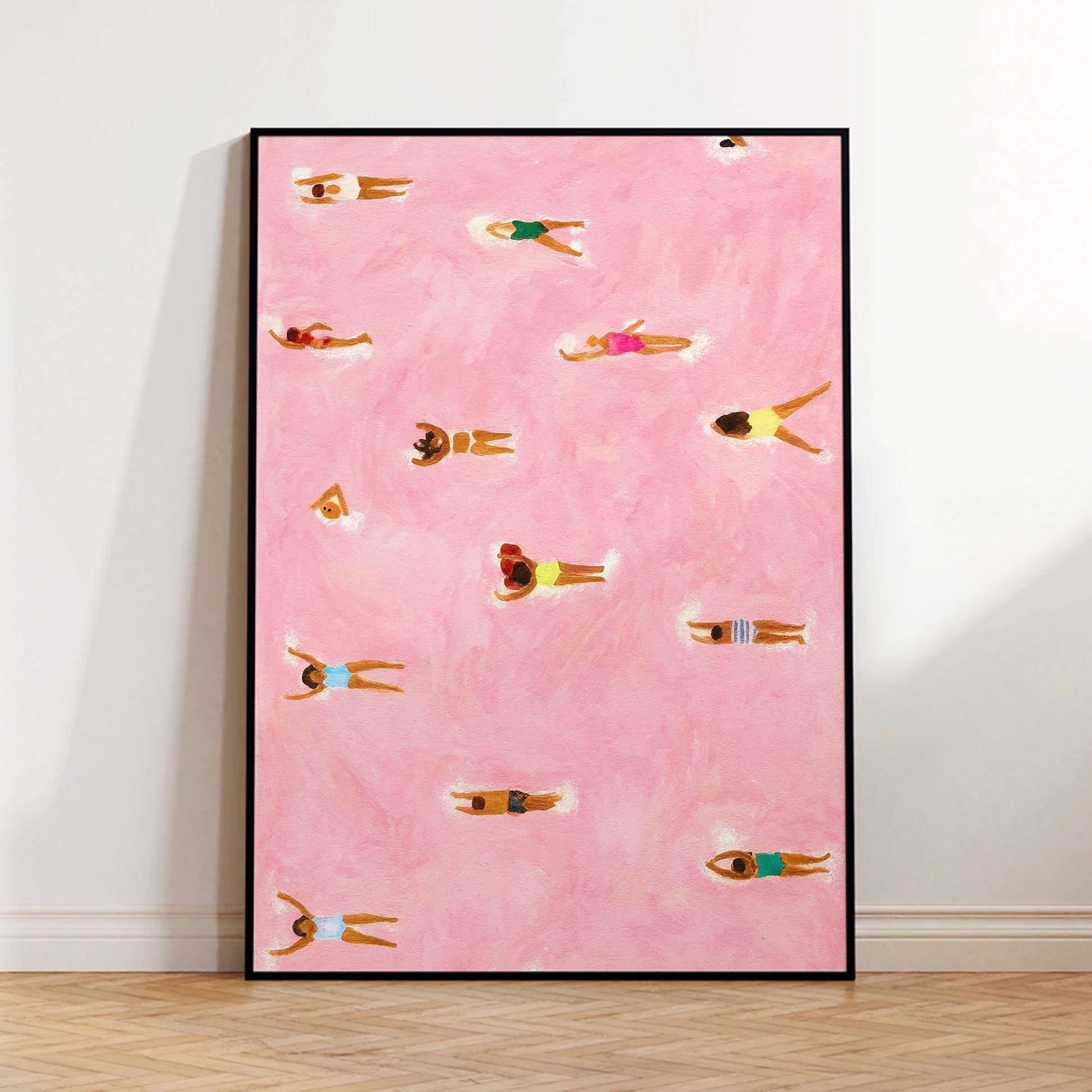 Minimalist Tiny Swimmers At Pool Pink Beach Wall Art Print Canvas Painting Poster Picture For Living Room,Bedroom Home Decor Peaceful Pleasures Health and Wellness G3590 30x40cm White Framed