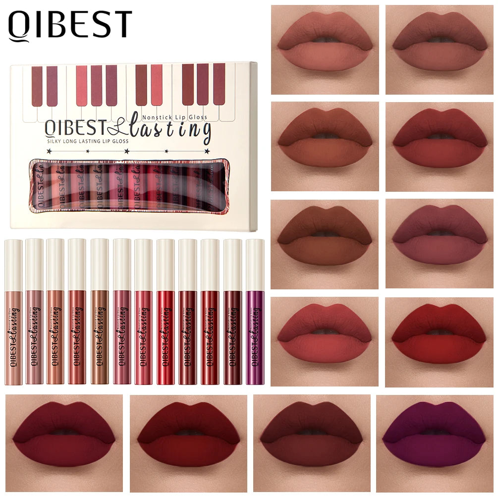 QIBEST 12pcs/set Waterproof Lip Gloss Long Lasting Velvet Nude Red Matte Liquid Lipstick Makeup Lipgloss Tint Cosmetic Sets Peaceful Pleasures Health and Wellness Set A