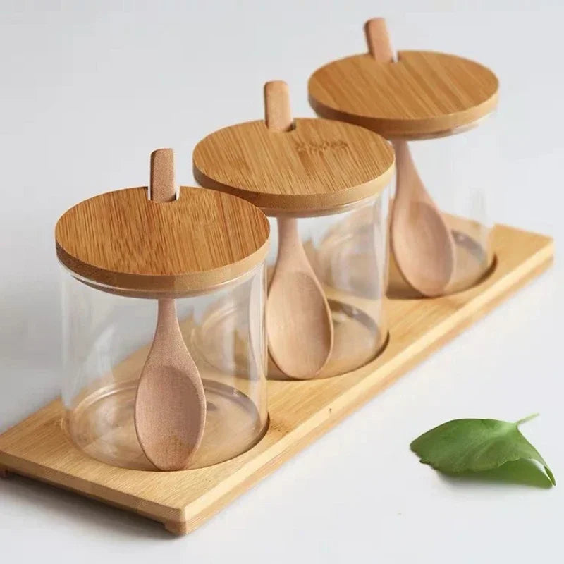 Kitchen Glass Condiment Jars Set Clear Spice Salt Container with Tray Coffee Beans Organizer Bottle Dust-Proof Seasoning Bottle Peaceful Pleasures Health and Wellness Square tray set