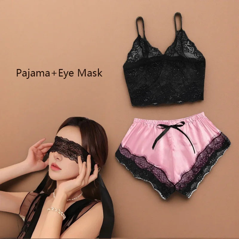 2PCS Women's Satin Pajama Set Lace Cami Top and Shorts Sexy Lingerie Sleepwear Summer Breathable Nightwear Black And Pink Peaceful Pleasures Health and Wellness Pink and Eye Mask L