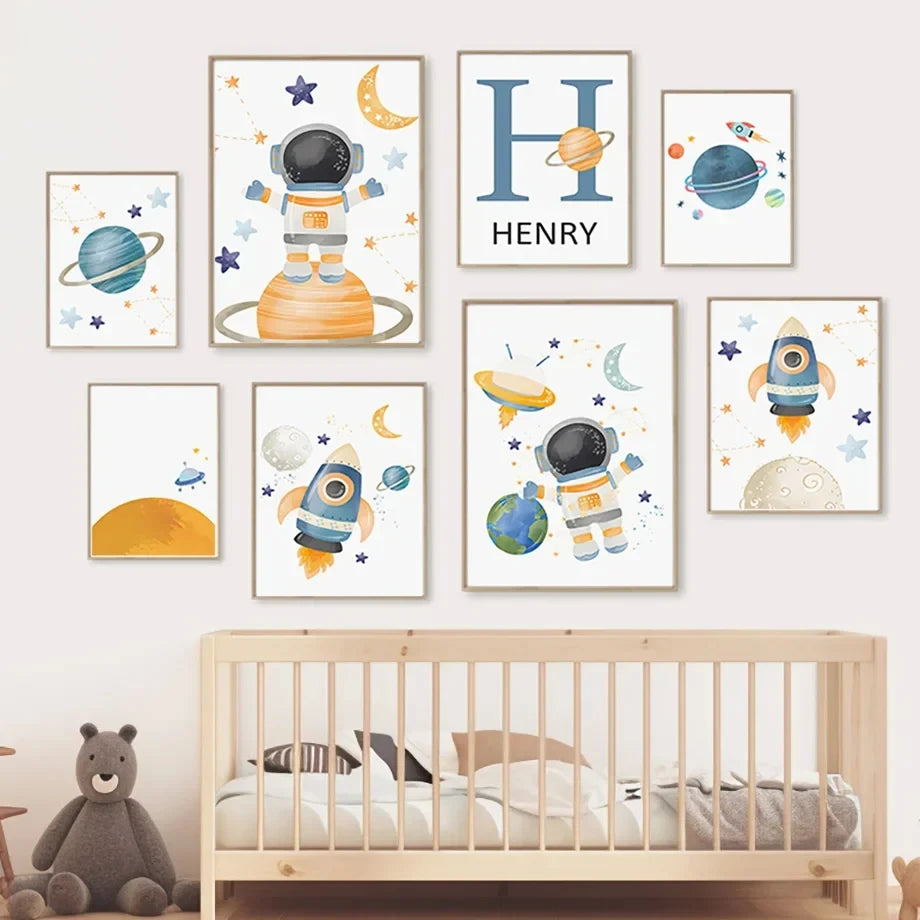 Rocket Astronauts Planet Outer Space Name Custom Wall Art Pictures Printed On Canvas Nordic Posters For Children's Room decora Peaceful Pleasures Health and Wellness