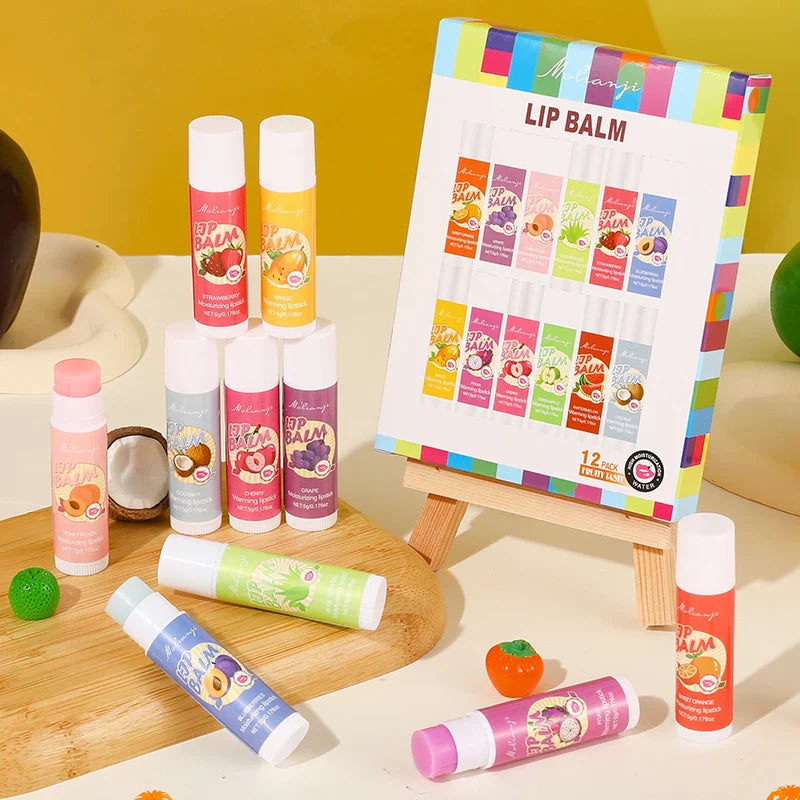 12-Piece Fruit Lip Balm Set – Moisturizing & Alcohol-Free