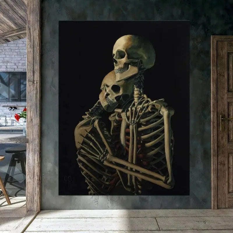 Canvas Poster Painting Print Hugging Couple Skull Wall Art Skeleton Couple Surreal Love Modern Home Wall Decor No Frame Peaceful Pleasures Health and Wellness