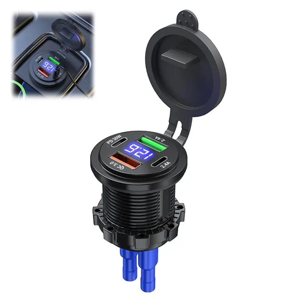 4-Port USB Car Charger 30W PD QC3.0 Fast Charging LED Display