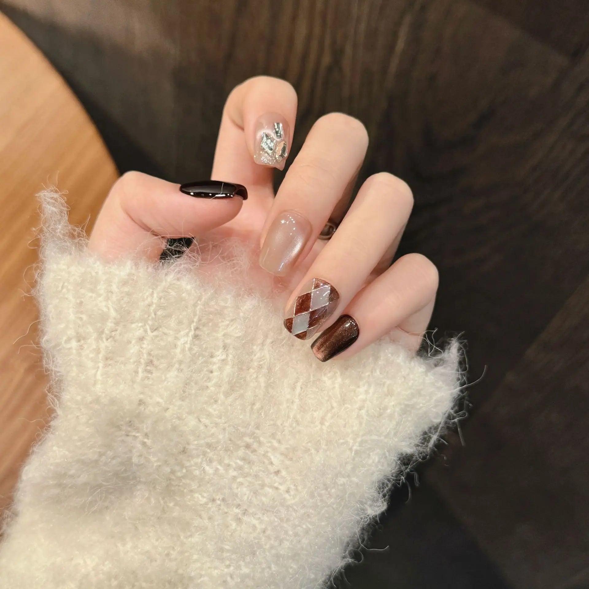 Handmade Press on Nails Retro Brown Grid Cat Eye False Nail Tips for Women Wearable Autumn Winter Short Square Head Fake Nails Peaceful Pleasures Health and Wellness