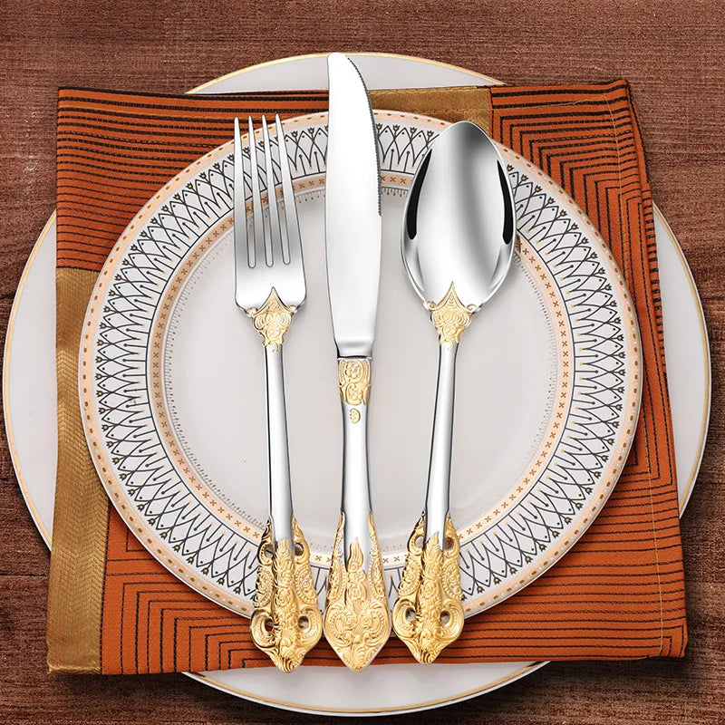 Stainless Steel Dinnerware Sets High-grade Knife Fork And Spoons Cutlery Kits Gold Plated Floral Pattern Tableware Dropship Peaceful Pleasures Health and Wellness