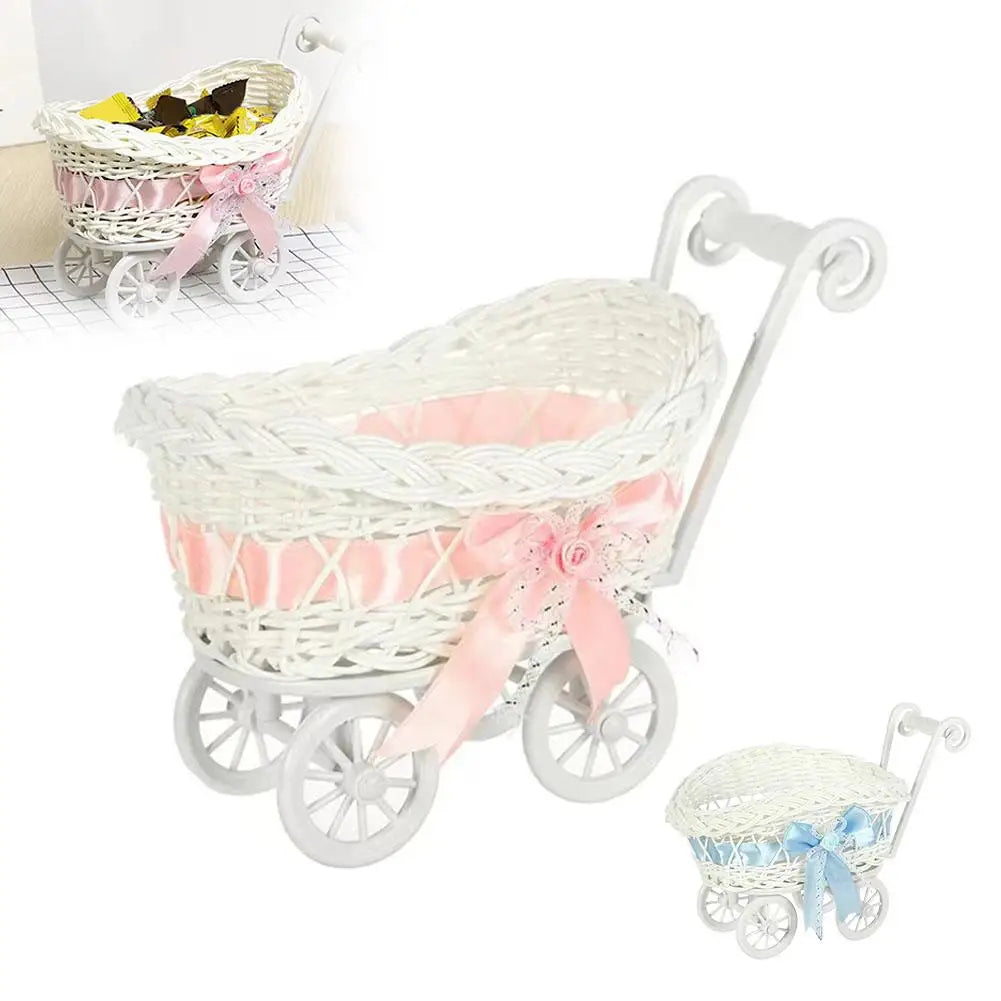 Doll Small Flower Basket Trolley Toys Cart Stroller Woven Decorations