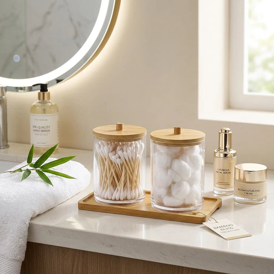 Acrylic Cotton Swab Holder Canister with Tray – 2-Pack 10oz Apothecary Jar Bathroom Organizer
