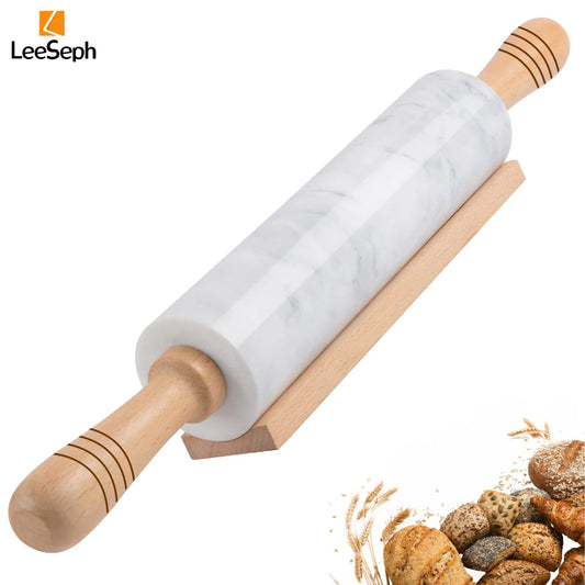 Leeseph Premium Marble Rolling Pin with Wooden Handles and Base, Easy to Clean, Perfect for Professional and Home Kitchens Peaceful Pleasures Health and Wellness