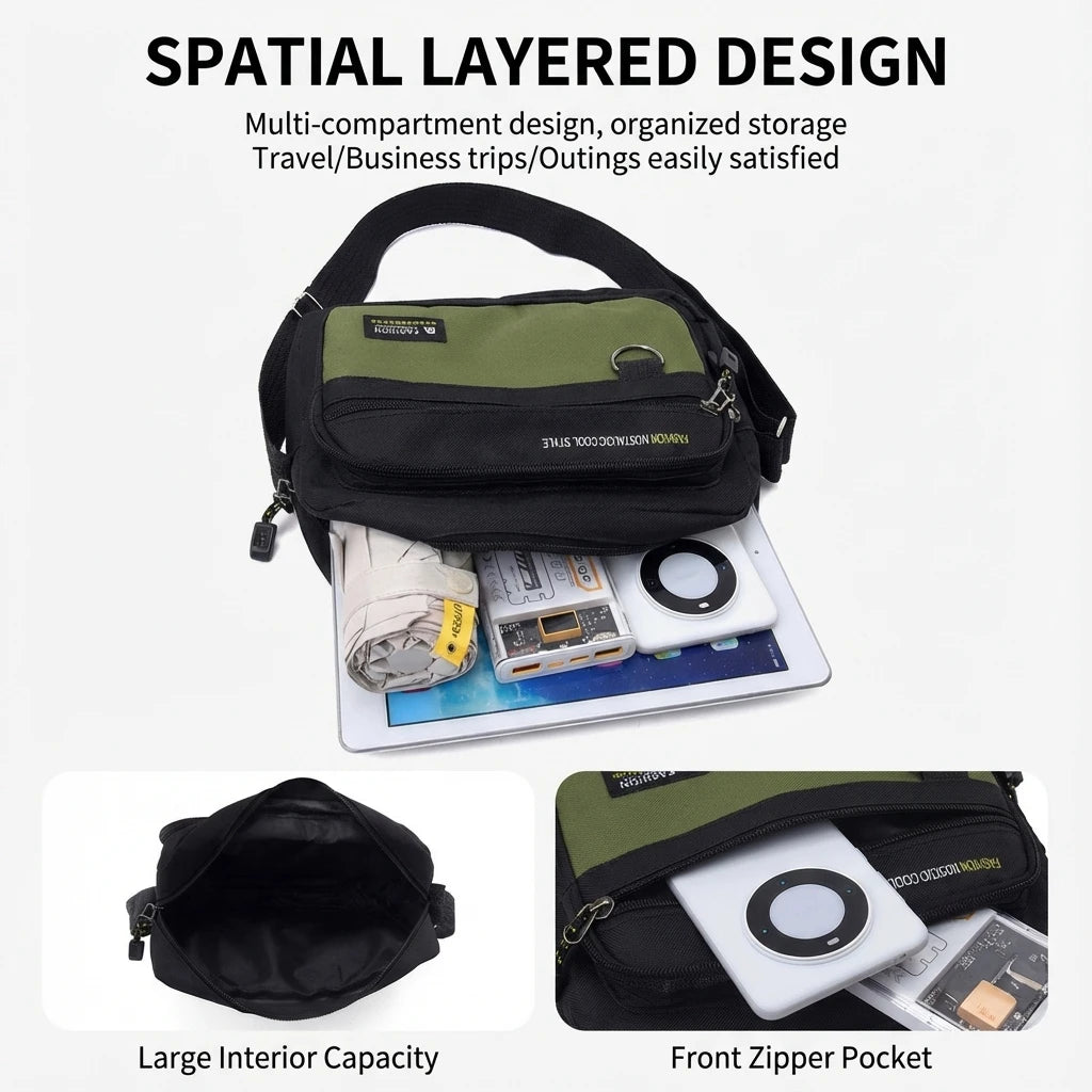 Waterproof Oxford Crossbody Bag Men Shoulder Bag Multi Layer Design Adjustable Strap Commuter Travel Lightweight Durable Peaceful Pleasures Health and Wellness