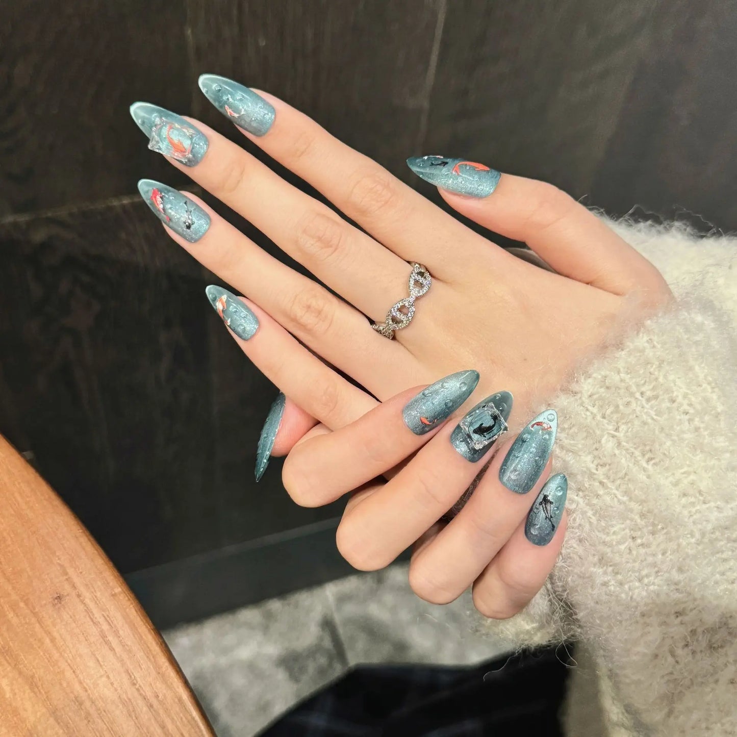 Handmade Press on nails Good Luck Fish Chinese Style False Nails Full Cover Wearable Ins Almond Blue Cat Eye Fake Nail Tips Peaceful Pleasures Health and Wellness