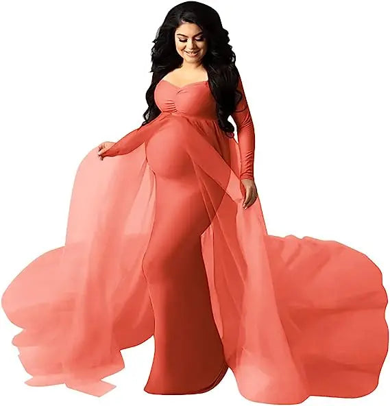 Deep V-Neck Lace Feather Maternity Gown | Photo Shoot Dress
