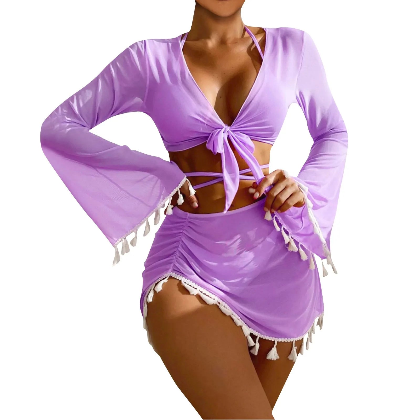 Solid Color Sexy Fashion Slim Fitting Beach Swimwear For Lady Split Lightweight Strap High Waist Pleated Cover-up Four-Piece Set Peaceful Pleasures Health and Wellness
