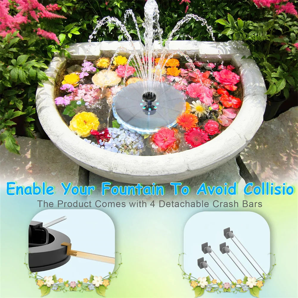 3.5W Solar Fountain Pump – LED Lights, 8 Nozzles, 1800mAh