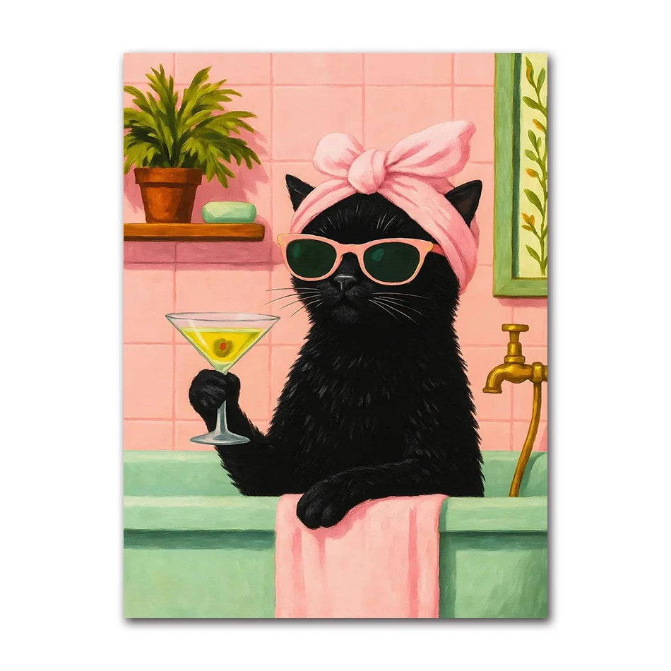 Cat with Cocktail Smoking Poster Canvas Painting Print Wall Art for Living Room Home Decor More Spaghetti, Less Upsetti Black Peaceful Pleasures Health and Wellness