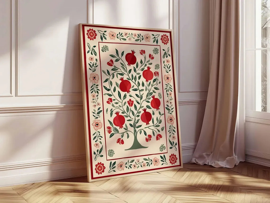Pomegranate Tree Canvas Wall Art | Botanical Folk Art Print