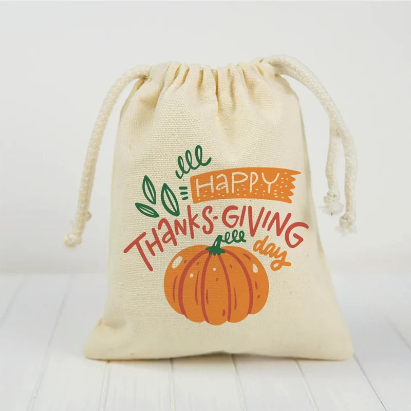 Thanksgiving Pumpkin Drawstring Treat Bags for Kids – 5pcs