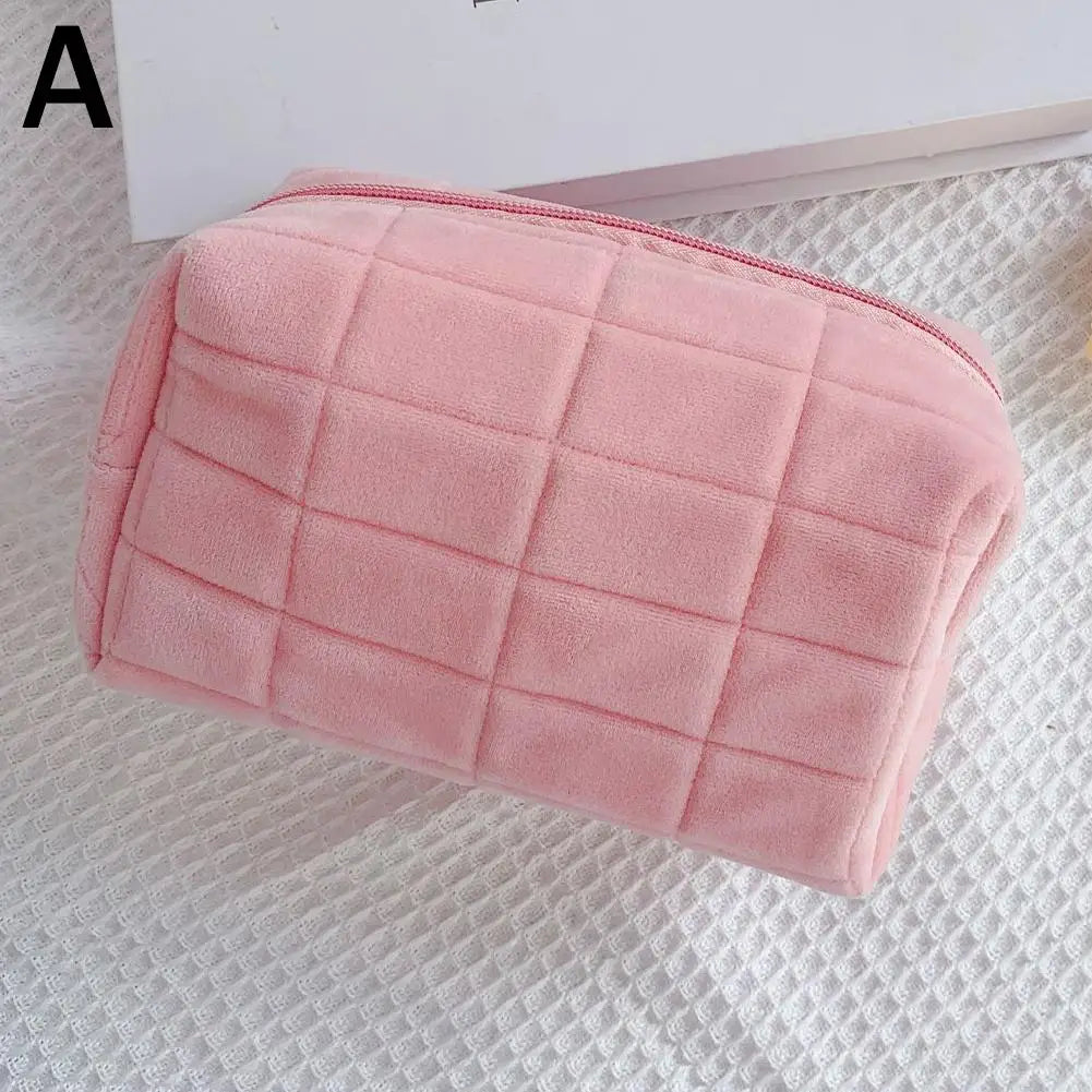 Cute Soft Plush Small Cosmetic Bag Portable Travel Pouch Solid Color Zipper Toiletry Storage Organizer for Women Makeup Bag Peaceful Pleasures Health and Wellness pink