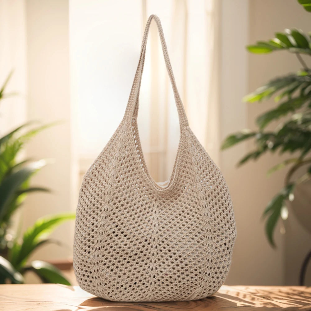 Women Knitting Shoulder Bag Solid Color Hollow Summer Bag Large Capacity Knitted Tote Handbag Female Outdoor Bag Peaceful Pleasures Health and Wellness Khaki Australia