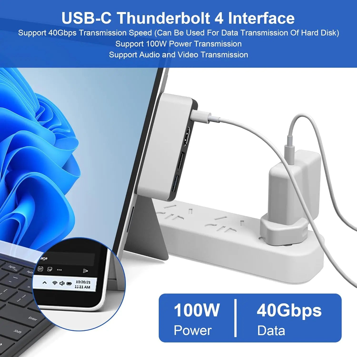 USB-C Thunderbolt 4 interface with laptop and power adapter on a white background
