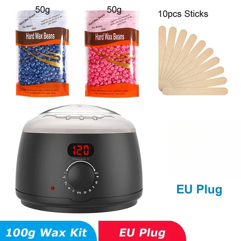 Wax Heater 500ML Set For Hair Removal / Digital Display Screen Depilatory Hard Wax Melt Warmer / 200g Wax Beans Hair Remove Tool Peaceful Pleasures Health and Wellness 058-B-EU-100g